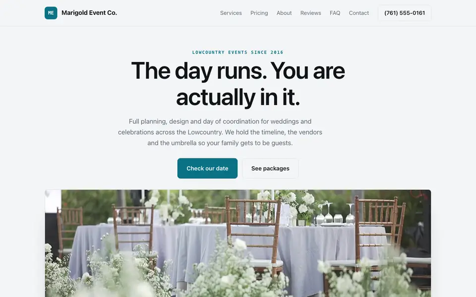 Example website for event planners built with We.Inc: the Marigold Event Co. home page