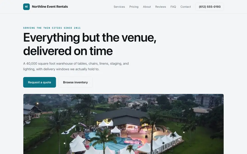 Example website for event rental companies built with We.Inc: the Northline Event Rentals home page