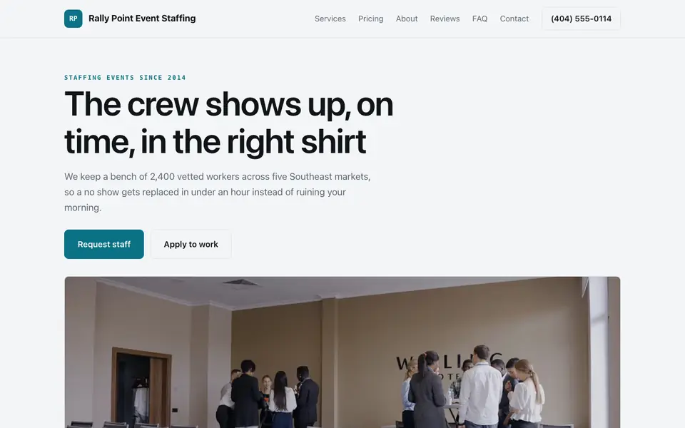 Example website for event staffing agencies built with We.Inc: the Rally Point Event Staffing home page