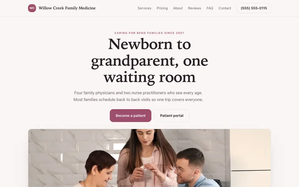 Example website for family doctors built with We.Inc: the Willow Creek Family Medicine home page