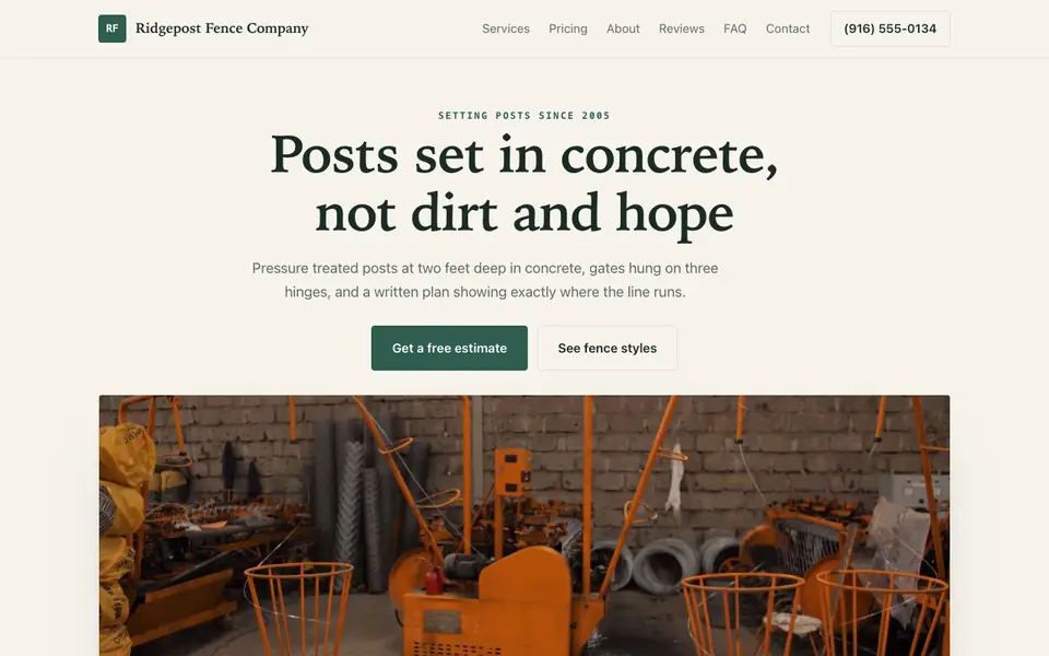 Example website for fencing companies built with We.Inc: the Ridgepost Fence Company home page