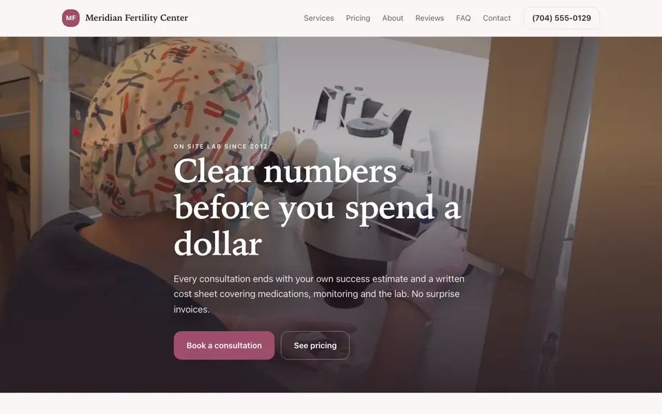 Example website for fertility clinics built with We.Inc: the Meridian Fertility Center home page