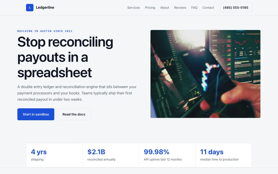 Example website for fintech startups built with We.Inc: the Ledgerline home page