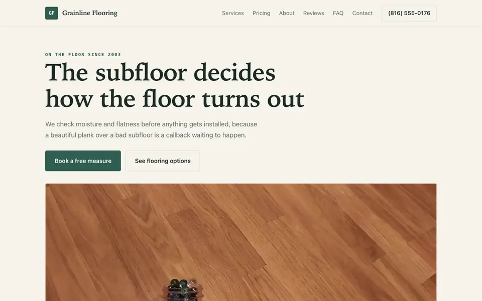 Example website for flooring companies built with We.Inc: the Grainline Flooring home page