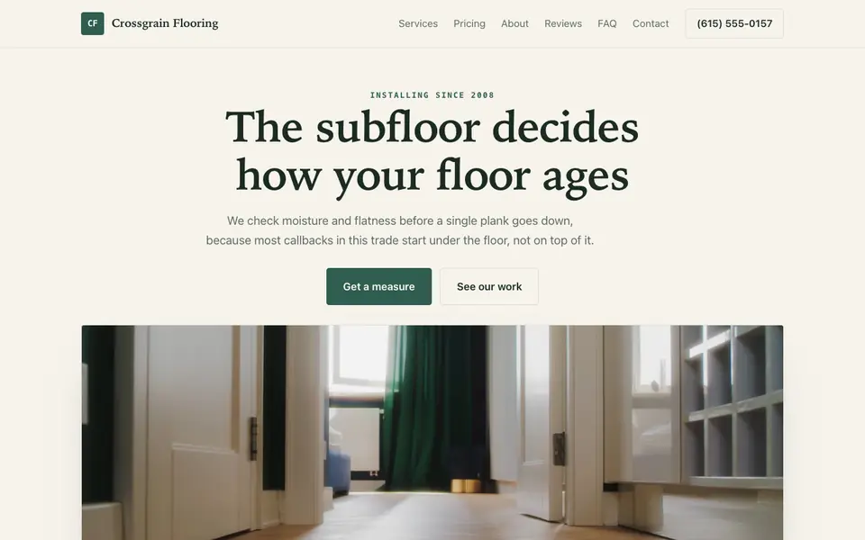 Example website for flooring contractors built with We.Inc: the Crossgrain Flooring home page