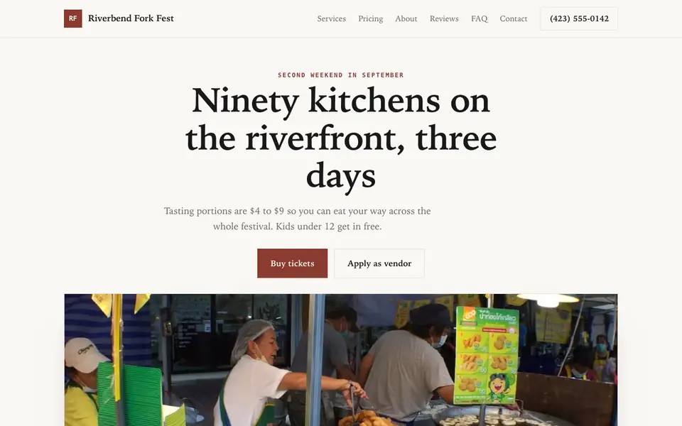 Example website for food festivals built with We.Inc: the Riverbend Fork Fest home page