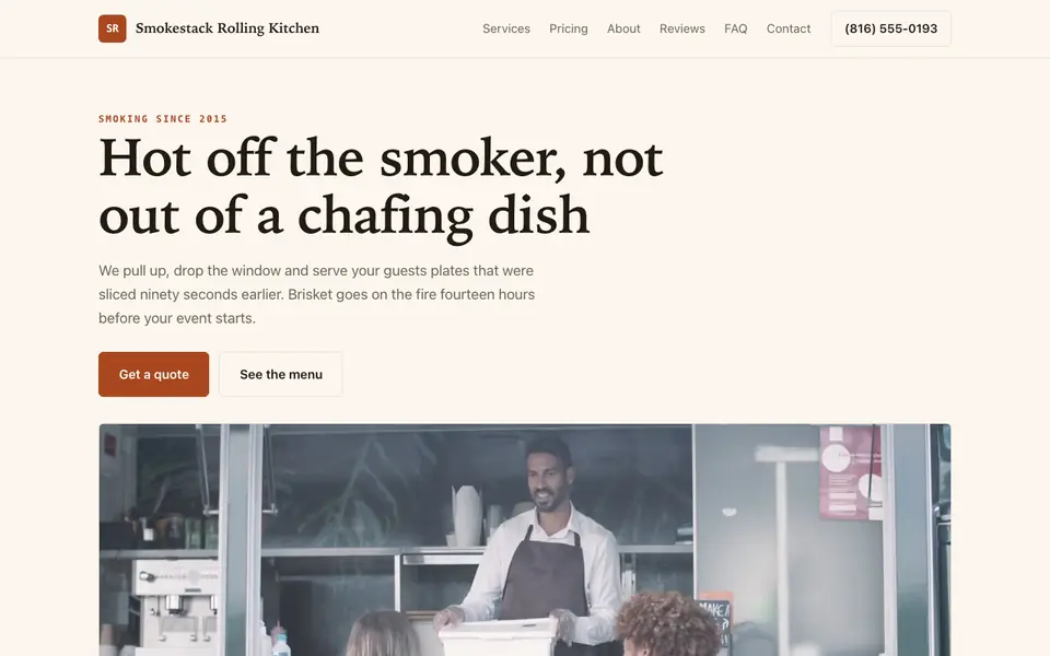 Example website for food truck catering built with We.Inc: the Smokestack Rolling Kitchen home page