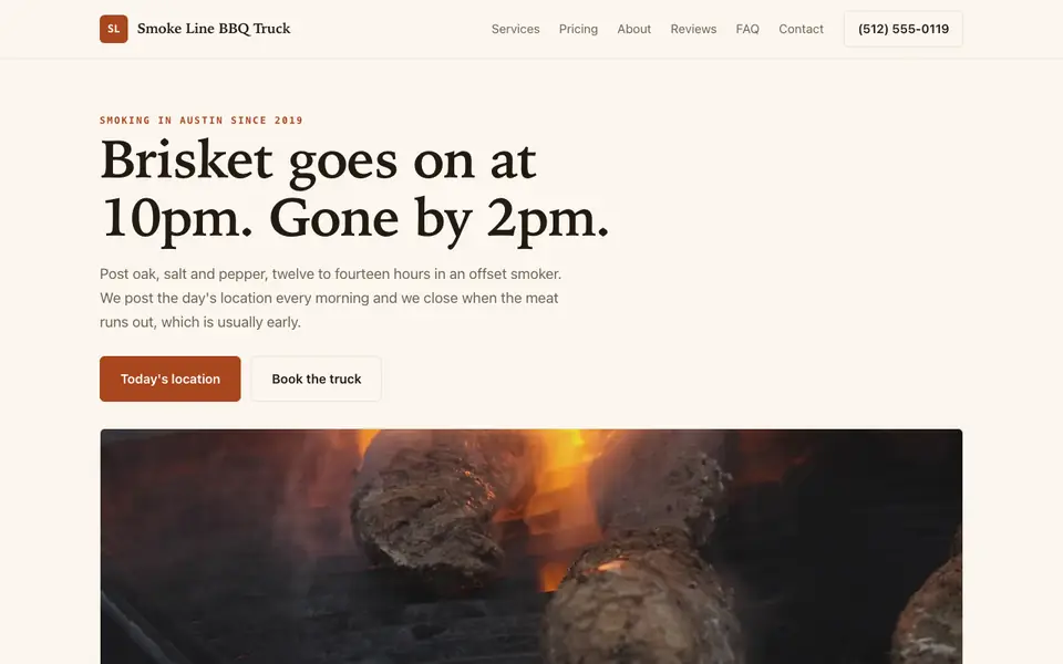 Example website for food trucks built with We.Inc: the Smoke Line BBQ Truck home page