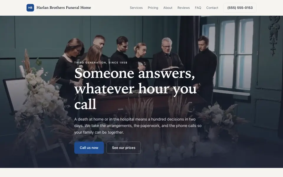 Example website for funeral home websites built with We.Inc: the Harlan Brothers Funeral Home home page