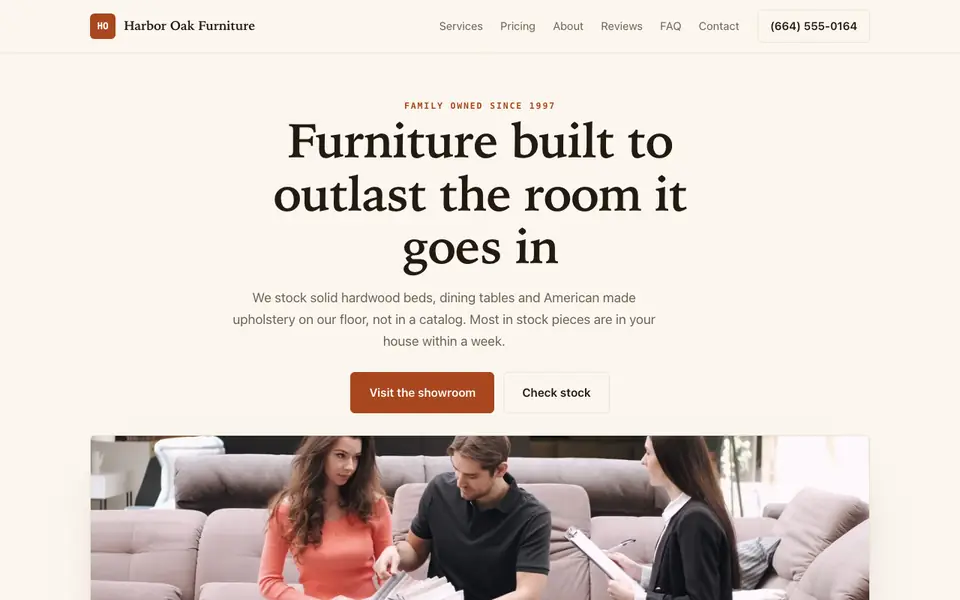Example website for furniture stores built with We.Inc: the Harbor Oak Furniture home page