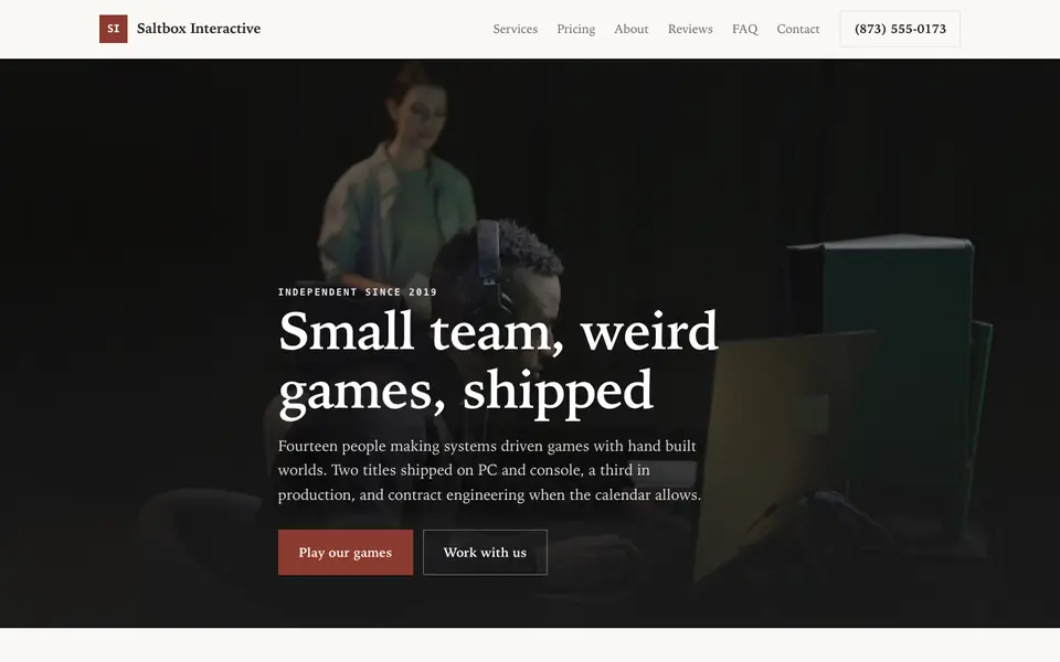 Example website for game developers built with We.Inc: the Saltbox Interactive home page