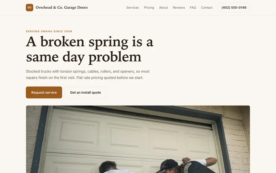 Example website for garage door services built with We.Inc: the Overhead & Co. Garage Doors home page