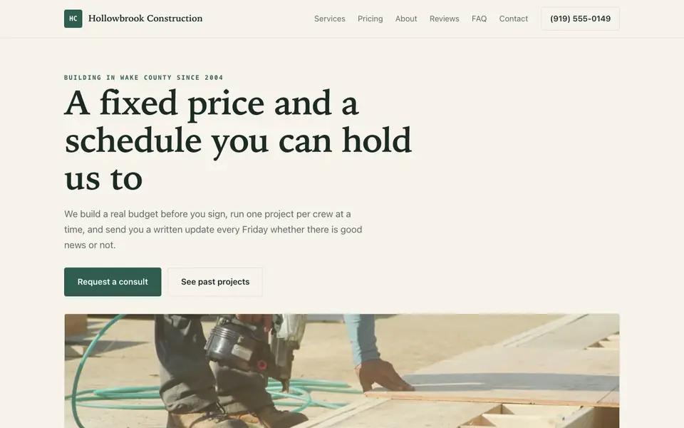 Example website for general contractors built with We.Inc: the Hollowbrook Construction home page