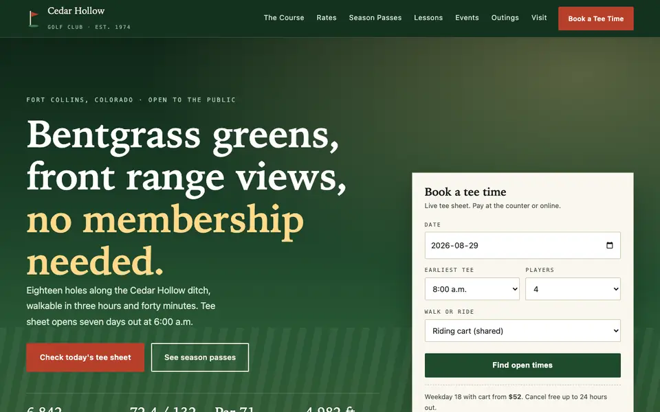 Example website for golf courses built with We.Inc: the Cedar Hollow Golf Club home page