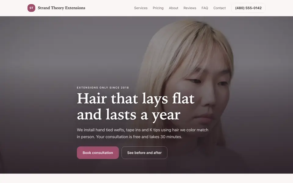 Example website for hair extension specialists built with We.Inc: the Strand Theory Extensions home page