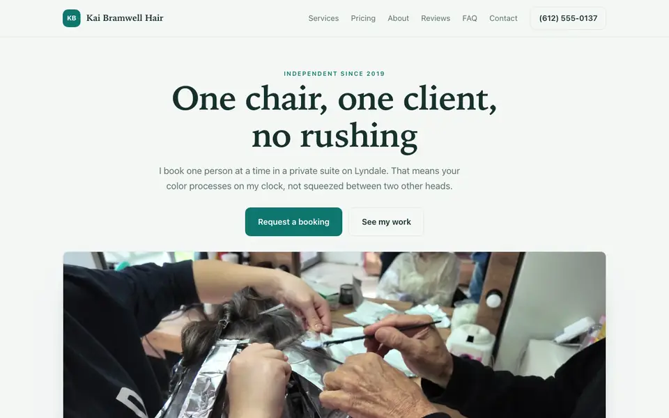 Example website for hair stylists built with We.Inc: the Kai Bramwell Hair home page