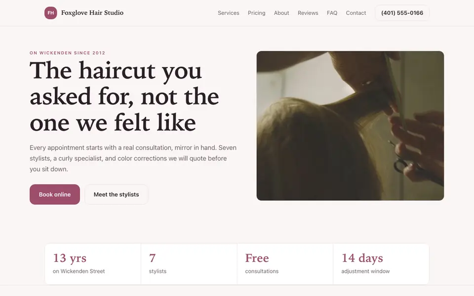 Example website for hairdressers built with We.Inc: the Foxglove Hair Studio home page