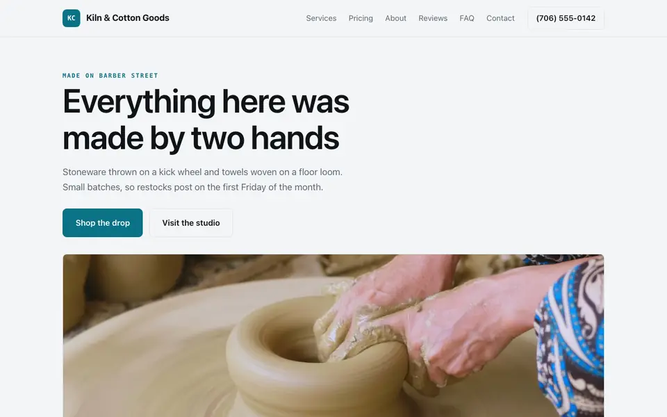 Example website for handmade product sellers built with We.Inc: the Kiln & Cotton Goods home page
