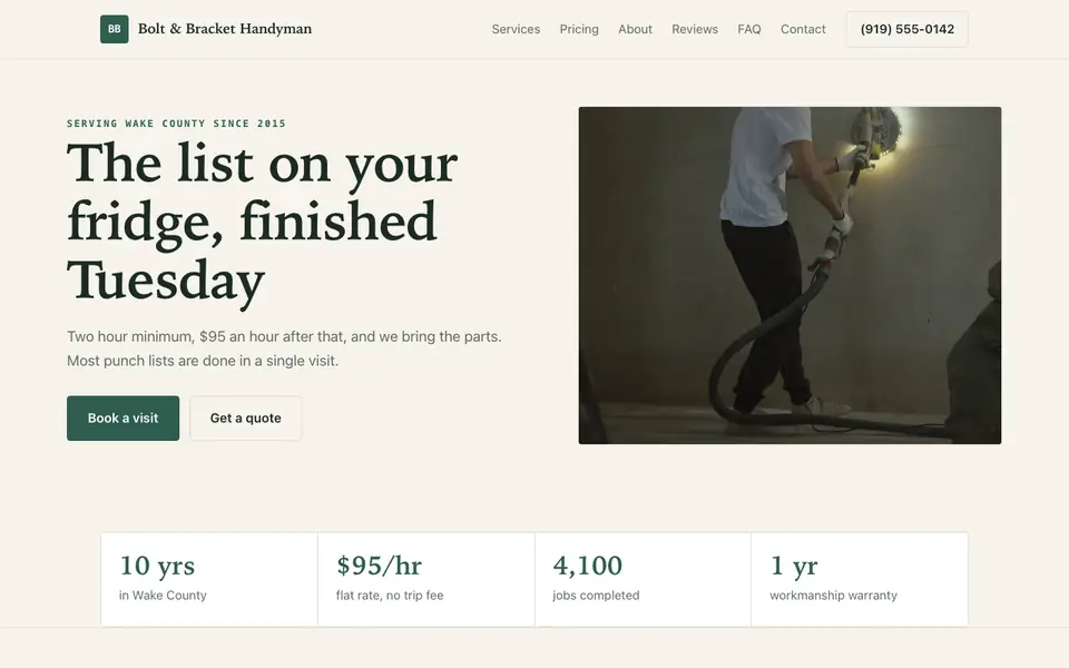 Example website for handyman services built with We.Inc: the Bolt & Bracket Handyman home page