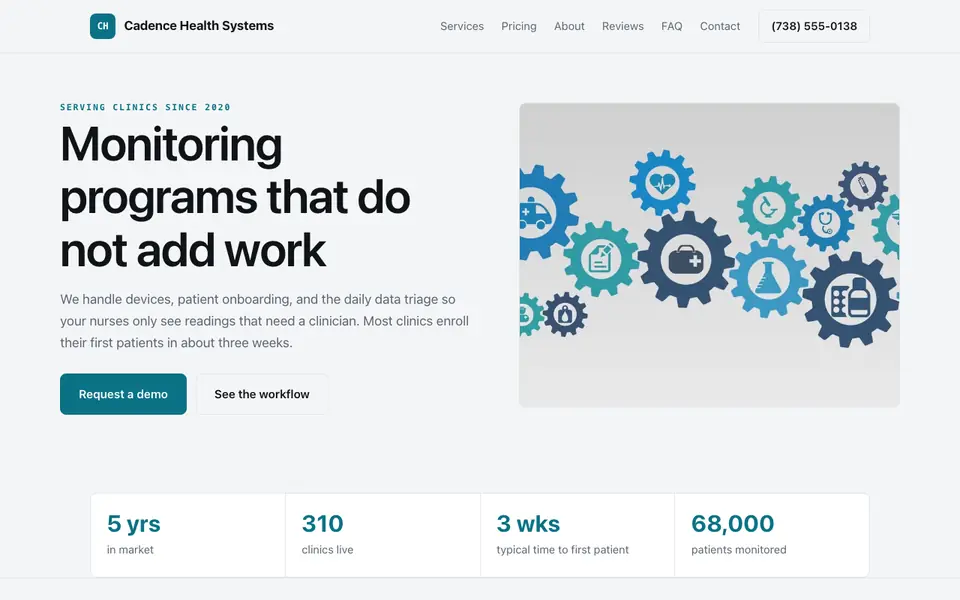 Example website for healthtech startups built with We.Inc: the Cadence Health Systems home page