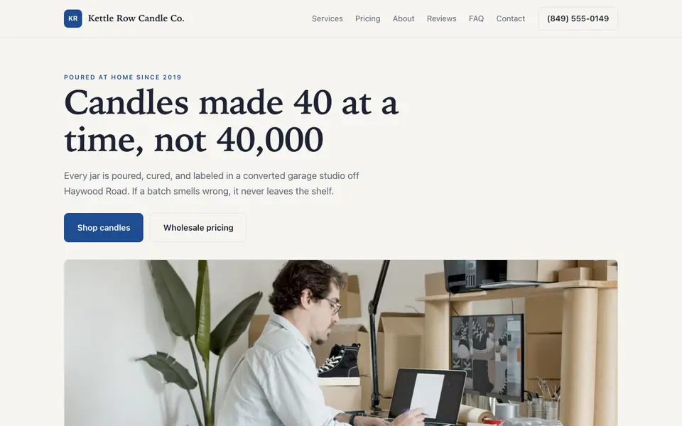 Example website for home based businesses built with We.Inc: the Kettle Row Candle Co. home page