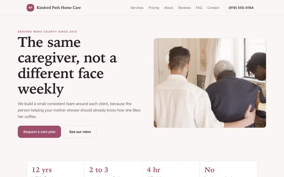 Example website for home health care built with We.Inc: the Kindred Path Home Care home page
