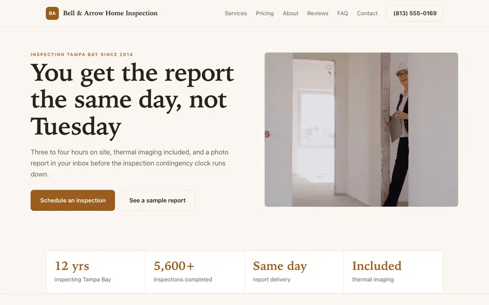 Example website for home inspectors built with We.Inc: the Bell & Arrow Home Inspection home page