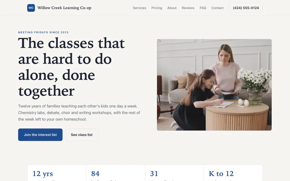 Example website for homeschool co-ops built with We.Inc: the Willow Creek Learning Co-op home page