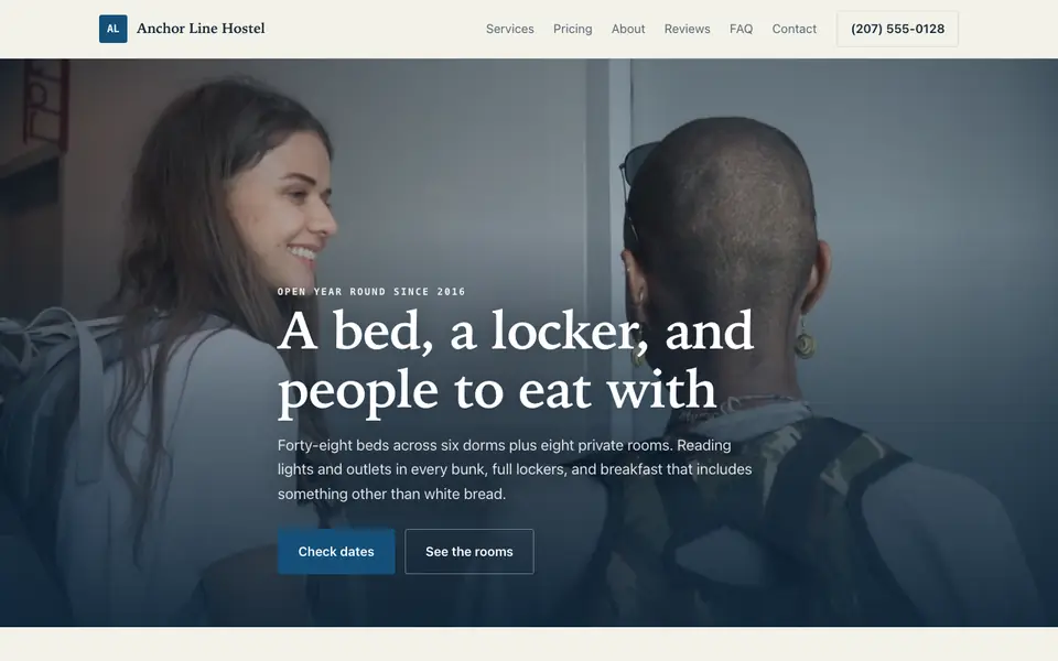 Example website for hostels built with We.Inc: the Anchor Line Hostel home page