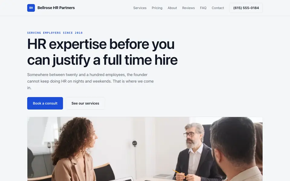 Example website for hr consulting firms built with We.Inc: the Bellrose HR Partners home page