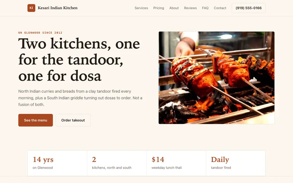 Example website for indian restaurants built with We.Inc: the Kesari Indian Kitchen home page