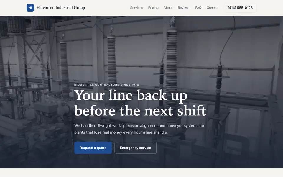 Example website for industrial companies built with We.Inc: the Halvorsen Industrial Group home page