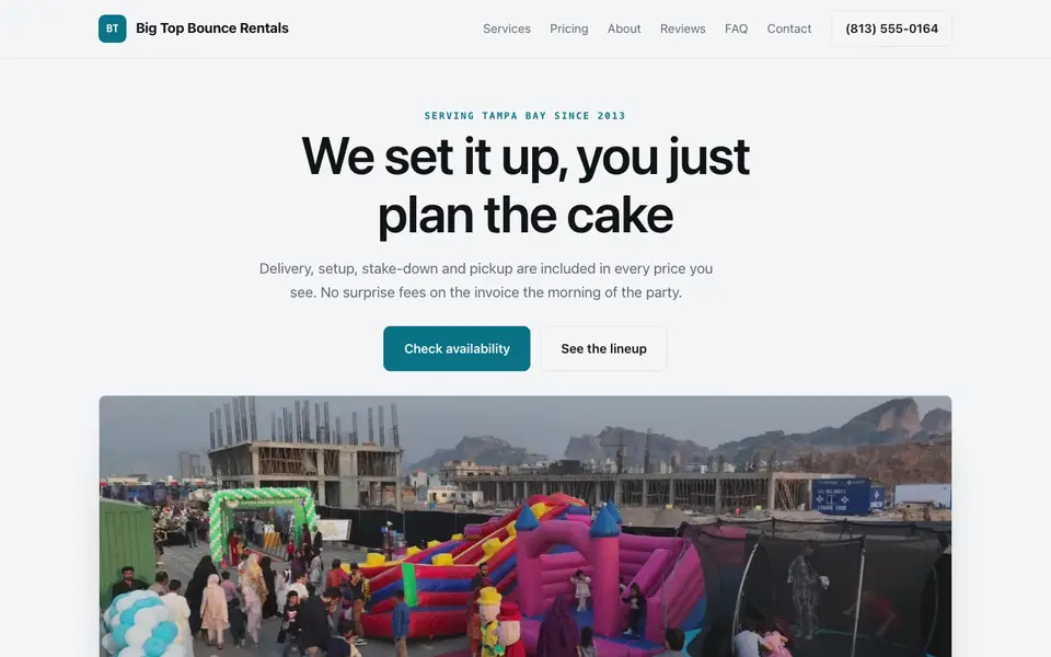 Example website for inflatable rentals built with We.Inc: the Big Top Bounce Rentals home page