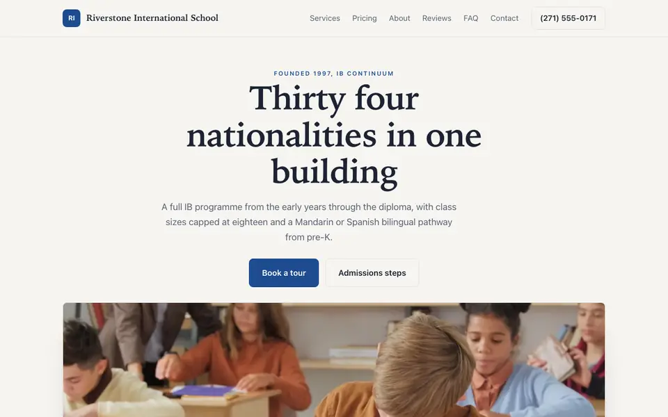 Example website for international schools built with We.Inc: the Riverstone International School home page