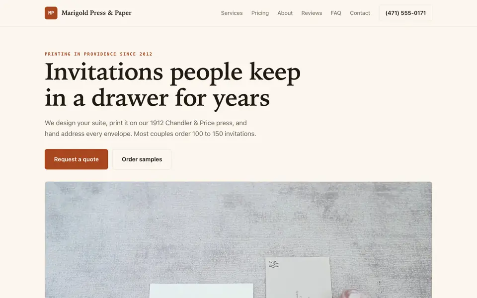 Example website for invitation designers built with We.Inc: the Marigold Press & Paper home page