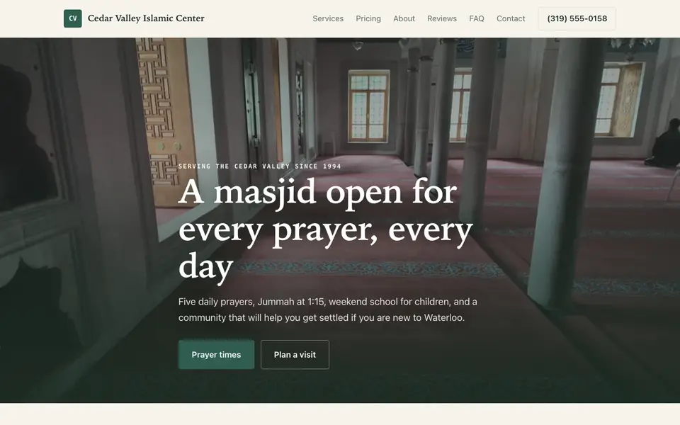Example website for islamic centers built with We.Inc: the Cedar Valley Islamic Center home page