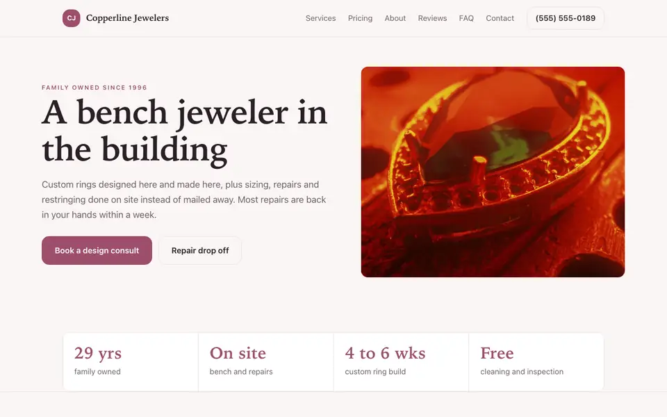 Example website for jewelers built with We.Inc: the Copperline Jewelers home page