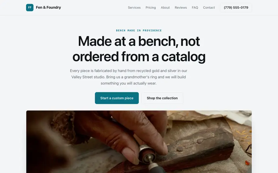 Example website for jewelry makers built with We.Inc: the Fen & Foundry home page
