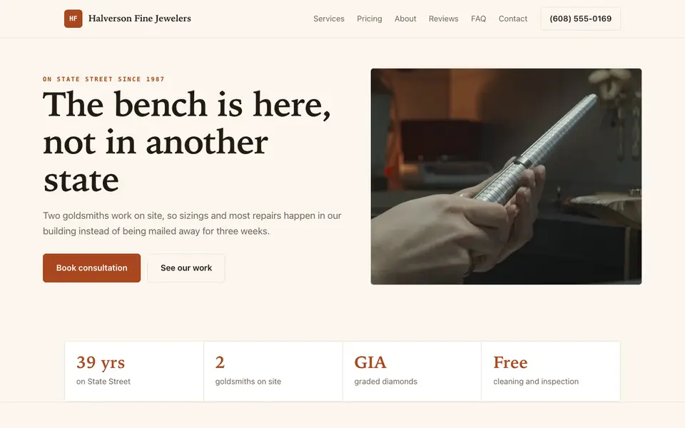 Example website for jewelry stores built with We.Inc: the Halverson Fine Jewelers home page