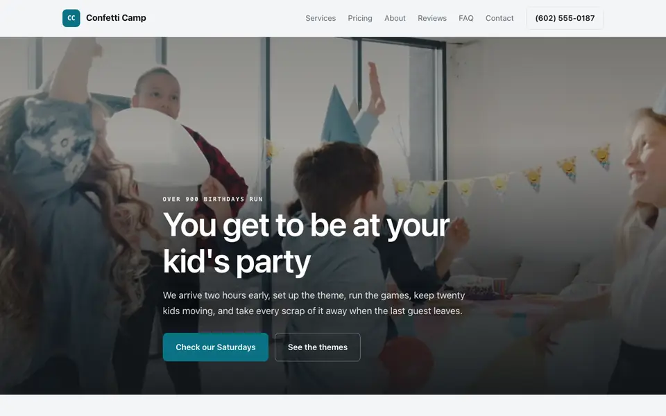 Example website for kids party planners built with We.Inc: the Confetti Camp home page