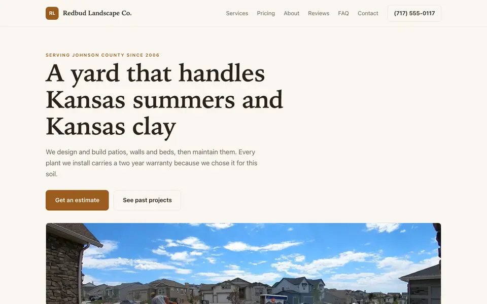 Example website for landscapers built with We.Inc: the Redbud Landscape Co. home page
