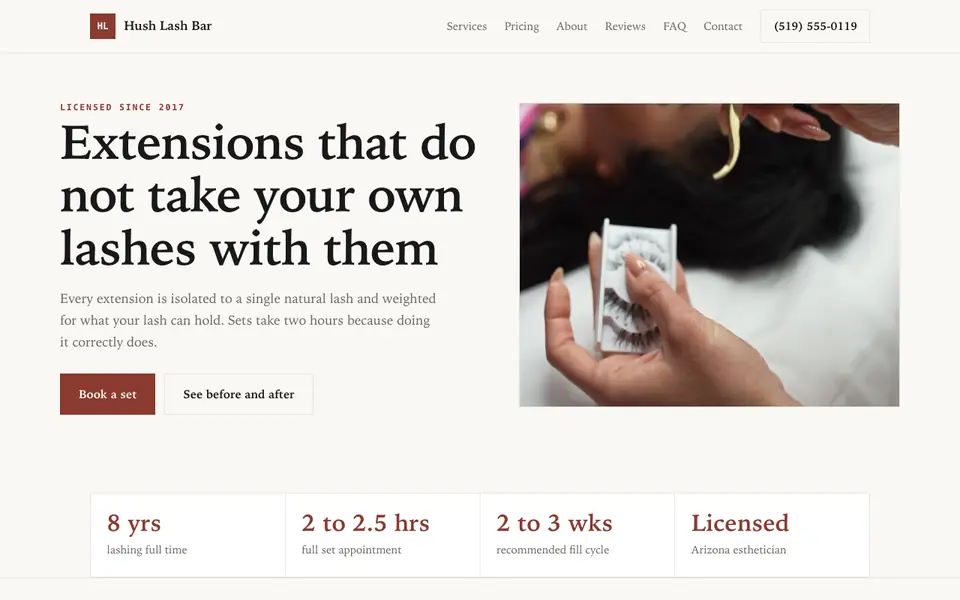Example website for lash technicians built with We.Inc: the Hush Lash Bar home page