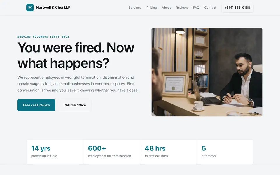 Example website for law firm websites built with We.Inc: the Hartwell & Choi LLP home page