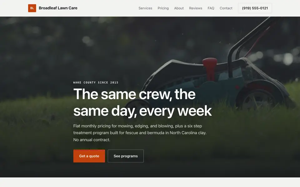 Example website for lawn care websites built with We.Inc: the Broadleaf Lawn Care home page