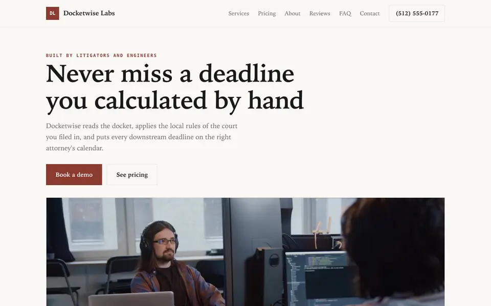 Example website for legal tech companies built with We.Inc: the Docketwise Labs home page
