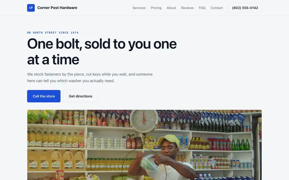 Example website for local businesses built with We.Inc: the Corner Post Hardware home page