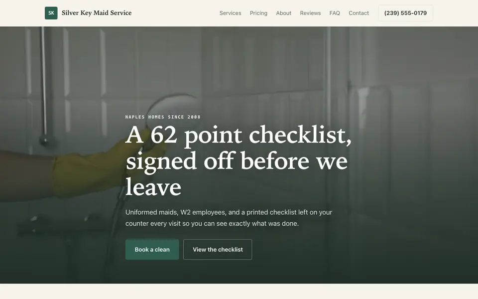 Example website for maid service websites built with We.Inc: the Silver Key Maid Service home page