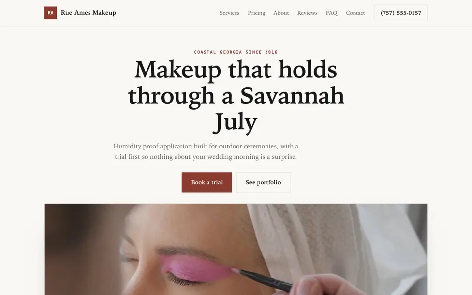Example website for makeup artists built with We.Inc: the Rue Ames Makeup home page