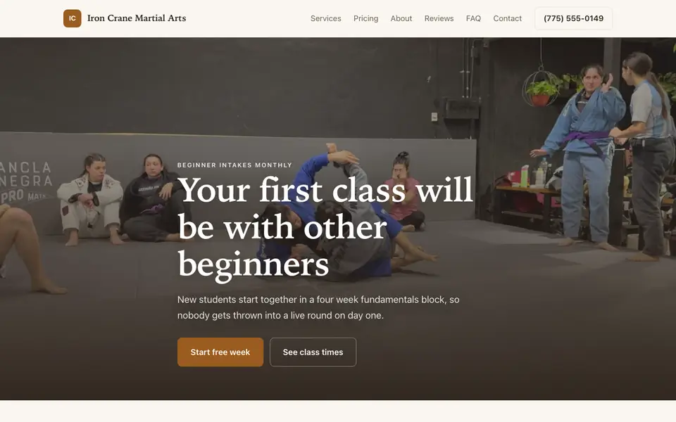 Example website for martial arts schools built with We.Inc: the Iron Crane Martial Arts home page