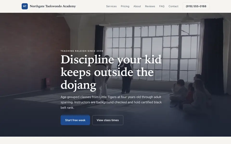 Example website for martial arts schools built with We.Inc: the Northgate Taekwondo Academy home page